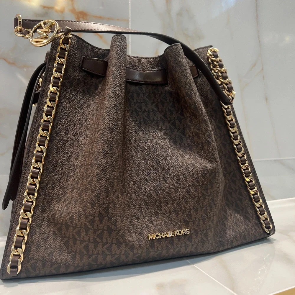 Michael Kors Brown Monogram Drawstring Shoulder Bag with Gold Chain